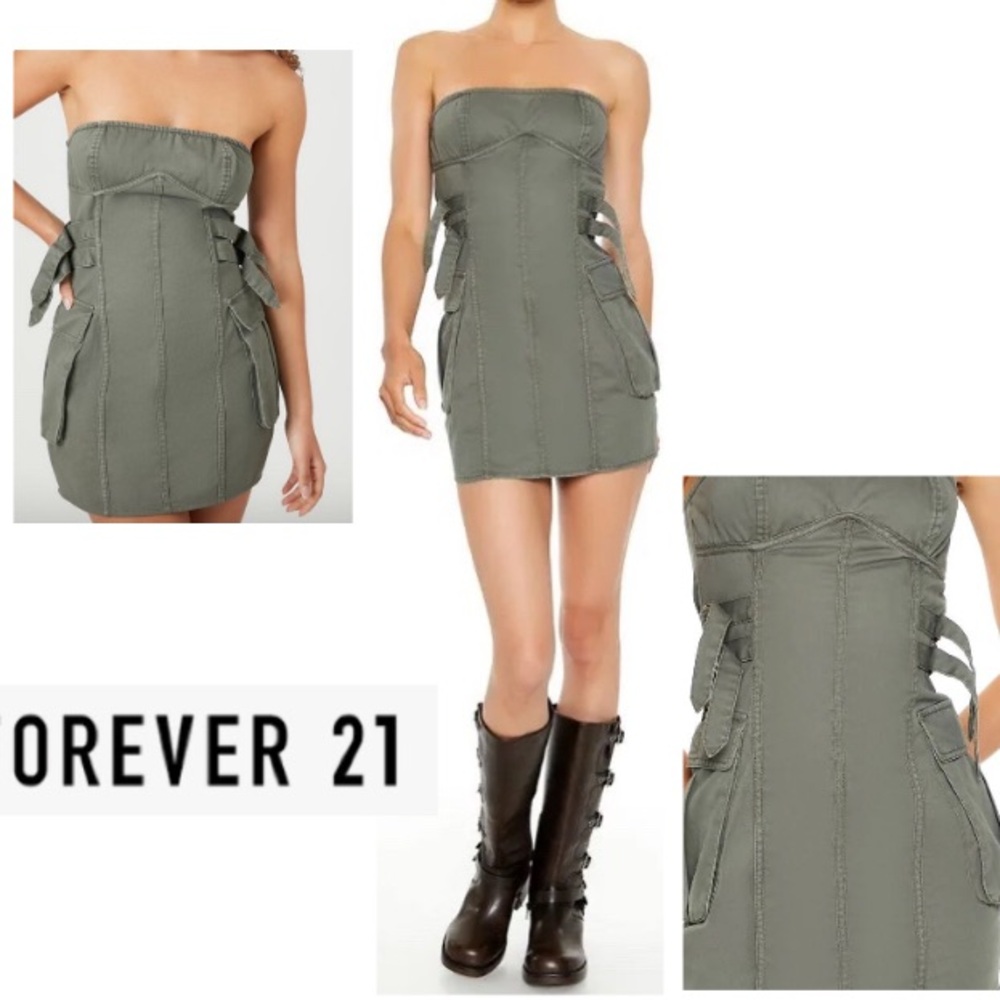 Forever 21 Army Green Strapless Cargo Utility Dress Size XL